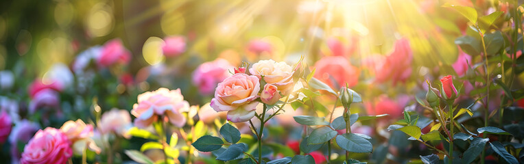 Pink roses in a garden Floral background floral design nature banner sunlight on background
