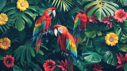 Colorful Macaws Perched in Lush Tropical Jungle with Vibrant Flowers