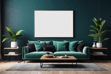 living room interior, blank poster frame, modular sofa, wooden coffee table, blue pillows, Green wall