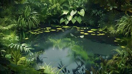 Serene Pond in Lush Verdant Foliage A Tranquil Oasis in a Flourishing Green World