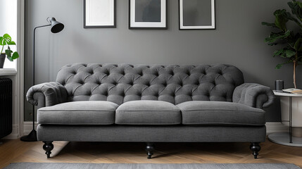 Modern Grey Tufted Sofa in Stylish Living Room with Minimalist Decor