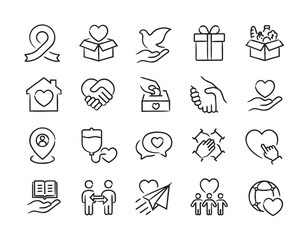 Charity hand drawn doodle sketch style line icons. Vector illustration.	
