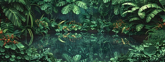 Serene Seclusion A Dreamlike Pond Cradled by Flourishing Plant Life