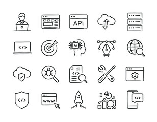 Web development hand drawn doodle sketch style line icons. Vector illustration.	
