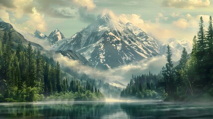 SnowCapped Peaks Rising from a Verdant Forest A Homage to th Century American Landscape Painting