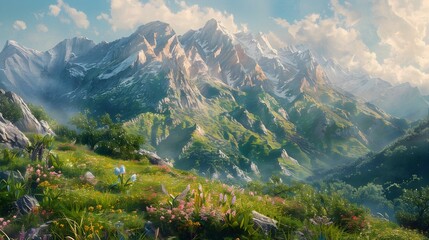 Majestic Mountain Ranges A Verdant Mantle Wrapped in Oil Painting Brushwork