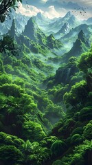 Rugged Majesty of Lush Emerald Vegetation Adorning Majestic Mountain Ranges in Digital Painting