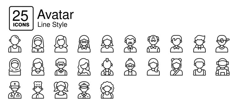 Avatar icons in outline style. Collection of Avatar, People, Person, Human, Male, Female Icon set in Line Style. Simple vector editable stroke, easy to use	