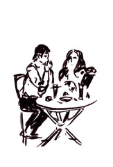 date in a cafe, girl and guy sitting at a round table, graphic black and white sketch