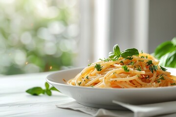 An illustration of vegan cuisine with text space features a closeup view of spaghetti with tomato sauce on a porcelain dish isolated on blurry background or table, Generative AI.