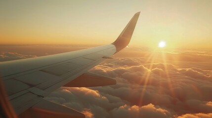 photo of an airplane wing flying above the clouds at sunrise, view from inside plane window