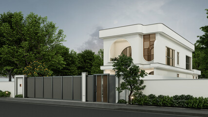 Architecture 3d rendering illustration of minimal modern house with natural landscape and parking.