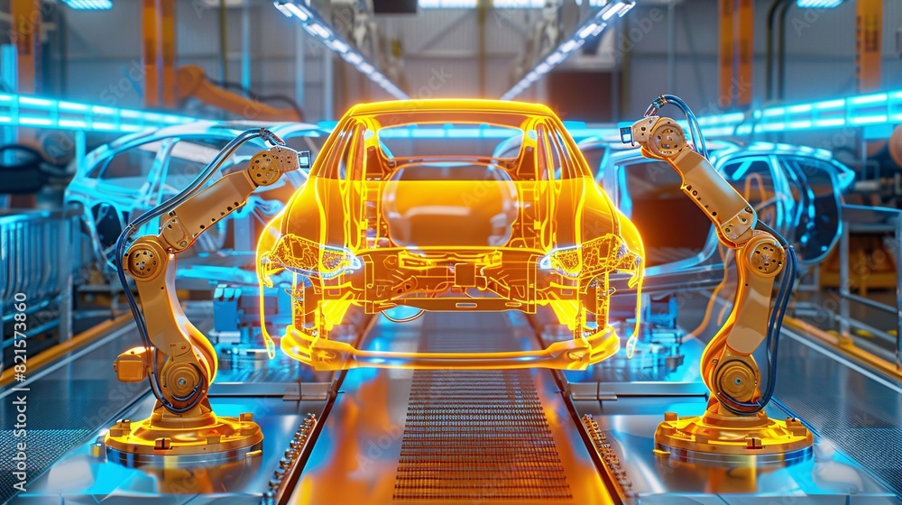 Poster futuristic vehicle assembly line with holographic display. generative ai