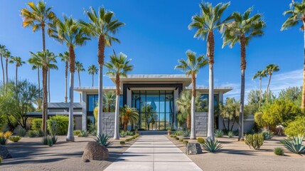 photo of modern home in arizona desert with palm trees and blue sky, front view
