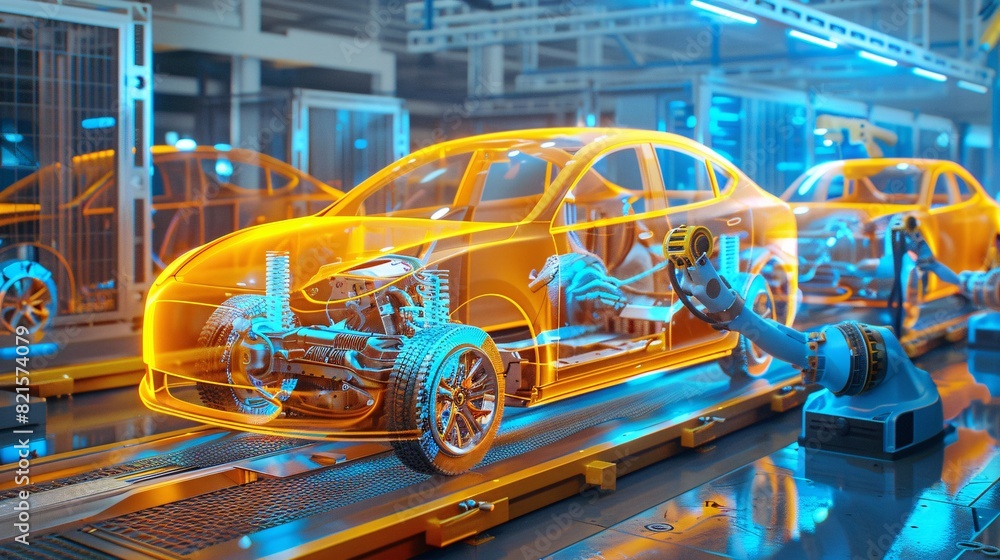 Poster futuristic vehicle assembly line with holographic display. generative ai