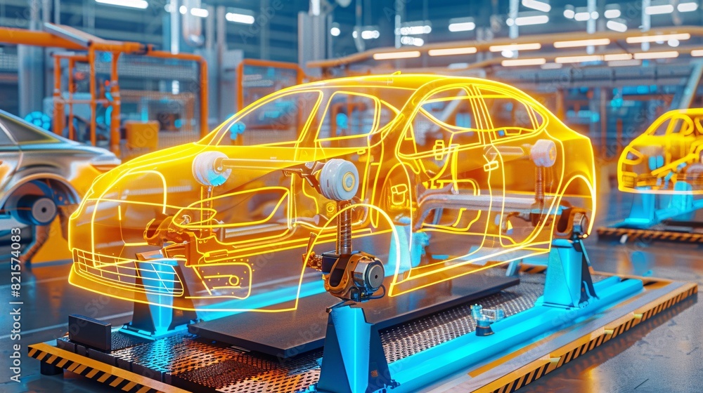 Poster futuristic vehicle assembly line with holographic display. generative ai
