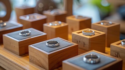 Samples of finger rings in boxes for consumers in a store with a concept of advertising and a hazy background, Generative AI.
