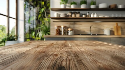 Backdrop of kitchen countertop with inside wood blur, light-colored, vacant room and kitchenware in the backdrop with big copy space for text, Generative AI.