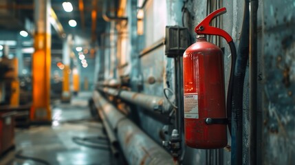 Close-up of fire extinguisher hanging on a factory wall, capturing the essence of emergency readiness in an energy-intensive industrial space