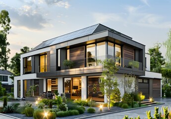 Fototapeta premium Modern house with solar panels on the roof exterior