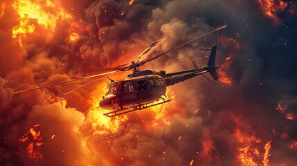 An expansive poster design with fire flames in the backdrop and a copy space that features a military helicopter navigating through smoke and flames in a desert, Generative AI.