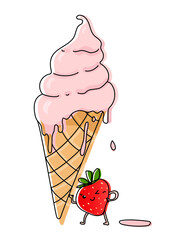 Cute strawberry ice cream design with kawaii character. Vector doodle illustration with colorful background.