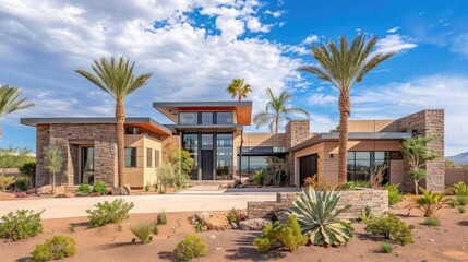 photo of modern home in arizona desert with palm trees and blue sky, front view