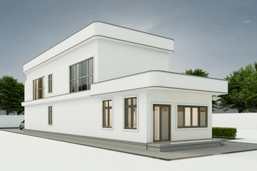 Architecture 3d rendering illustration of minimal modern house with natural landscape and parking.