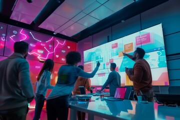 Diverse Startup Team Collaborates in Vibrant High-Tech Office: Brainstorming Session with Digital Tools and AI Analytics - Powered by Adobe