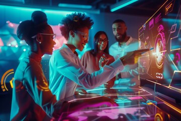 Diverse Team Collaborating in Futuristic Office Environment: Interactive AI Technology and Innovation at Work