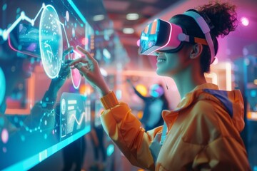 Diverse Team Collaborates in Futuristic Office Using Interactive AI Tools, Showcasing Innovation and Teamwork