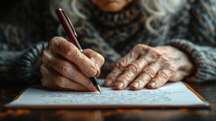 Old woman's hand is writing on a book
