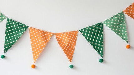 Photo of Orange and green polka dot bunting banner on white background, birthday party decoration.