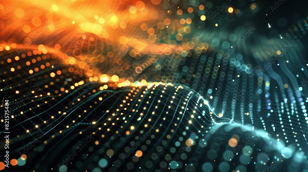 Poster an abstract digital image displaying a wave composed of glowing particles in warm colors suggesting 