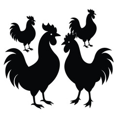 Set of Black Rooster Silhouette Vector on a white background