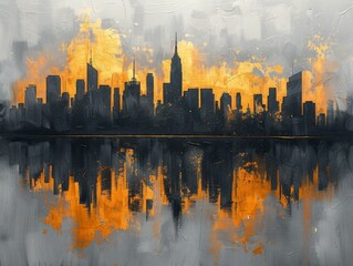 An abstract cityscape with gold, black, and white colors.