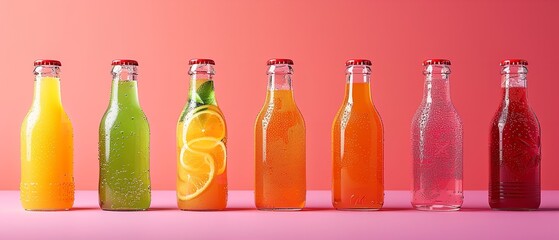 Clear glass bottles mock-up of various fruit juices isolated on a solid backdrop with ample area for advertising material, Generative AI.