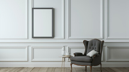 Classic Armchair by Paneled Wall with Empty Poster Frame. Mid-Century Style Living Room Design. Clear White Background.