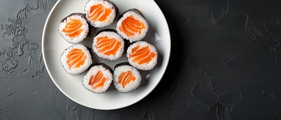 Image of mouthwatering sushi presented on a white circular dish, closely above set against a dark background with advertising copy space, Generative AI.