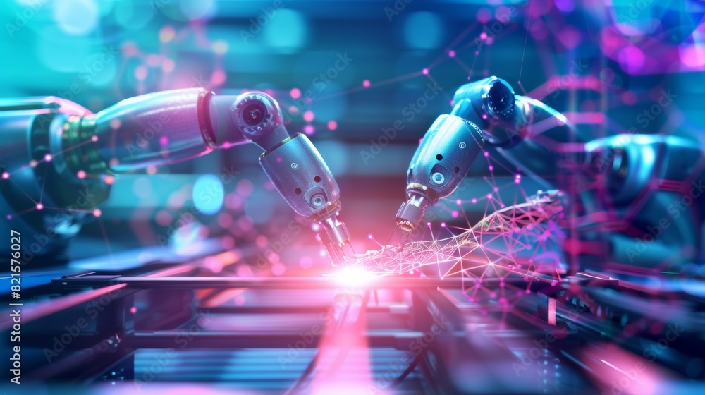 Fototapete advanced robotics and automation on a high-tech manufacturing floor featuring male and female engine