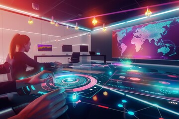 Diverse Team Discussing Data Privacy in High-Tech Conference Room: Charts, Digital Interfaces, and Strategic Planning