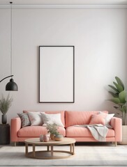 Creative composition of stylish modern spacious living room with blank poster frame, Coral sofa