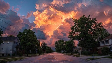 photo of suburban street at sunset, dramatic sky with orange and pink clouds, houses in the background, trees,