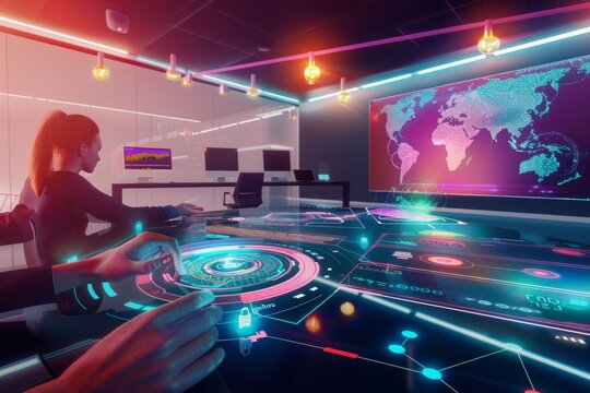 Diverse Team Discussing Data Privacy in High-Tech Conference Room: Charts, Digital Interfaces, and Strategic Planning