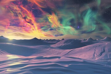 Ethereal Northern Lights Over Snowy Landscape at Polar Night: A Dreamlike Winter Scene Illuminated by Colorful Aurora Borealis