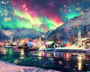 Majestic Aurora Borealis Over Snow-Covered Norwegian Village at Night