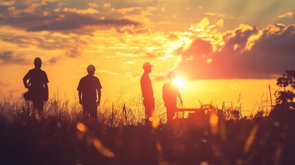 Silhouette of engineer and construction team working at site over blurred background sunset pastel for industry background with Light fair.