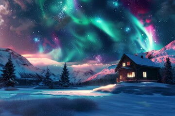 Fototapeta premium Magical Northern Lights Over Snowy Norwegian Landscape With Cozy Cabin at Night