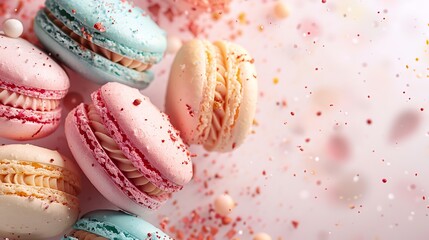 Close-up of delicious colourful macaroons prepared for a restaurant's marketing, separated from text by a pale pink backdrop, Generative AI.
