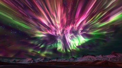 Spectacular Northern Lights Display Over Iceland's Snowy Landscape at Night: A Vivid Interplay of Colors